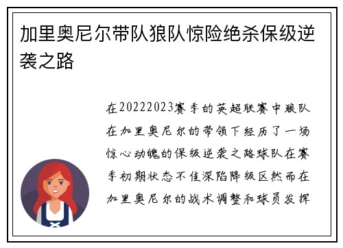 加里奥尼尔带队狼队惊险绝杀保级逆袭之路