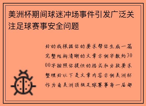 美洲杯期间球迷冲场事件引发广泛关注足球赛事安全问题
